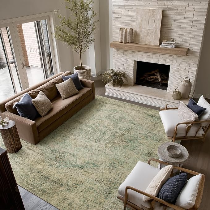 Machine Washable Rugs for Living Room: 6x9 Area Rugs for Bedroom Ultra Soft Non-Slip Low Pile Vintage Distress Boho Large Carpet for High-Traffic Dining Room - Farmhouse Decor
