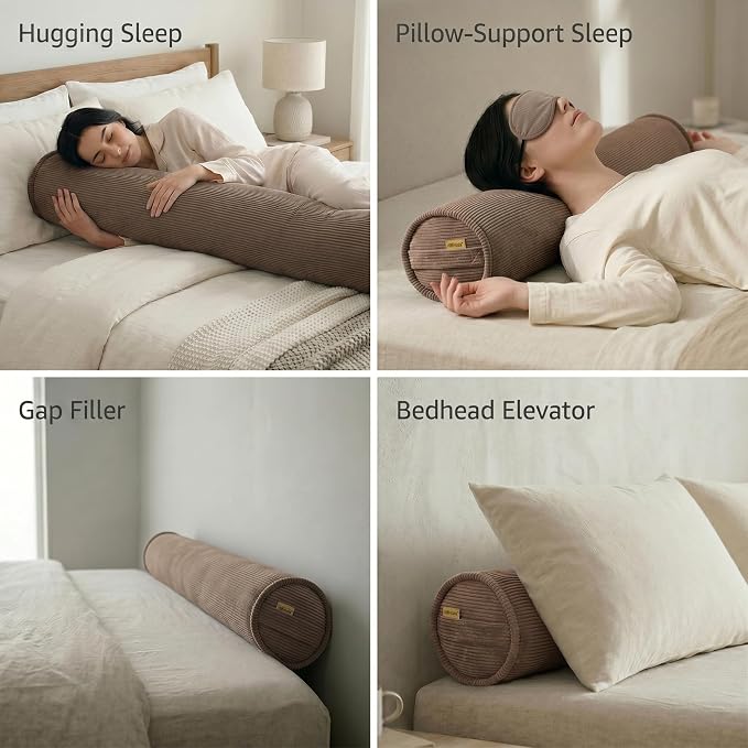 Corduroy Body Pillow for Side Sleepers, Cozy Bolster Pillow for Bed & Sofa, Soft Support Hugging Pillow for Relaxing Sleep, 47 x 7.87 Inches, Chocolate