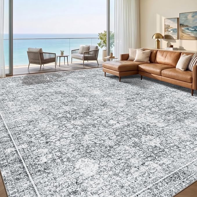 Sasttie 9x12 Area Rug, Ultra-Soft Washable Rug, Low Pile Foldable Thin Carpets with Non-Slip Backing, Skin-Friendly Stain Resistant Carpet for Living Room, Bedroom, Kitchen, Dorm, 9x12, Light Grey