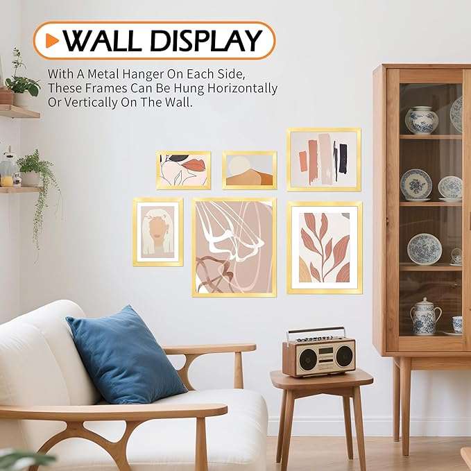 8x10 Picture Frame Set of 8, Gold Photo Frames for Tabletop or Wall Display, Fits Pictures 5x7 with Mat or 8x10 Without Mat, Frame Collage with HD Plexiglass for Gallery Home Wall Decor