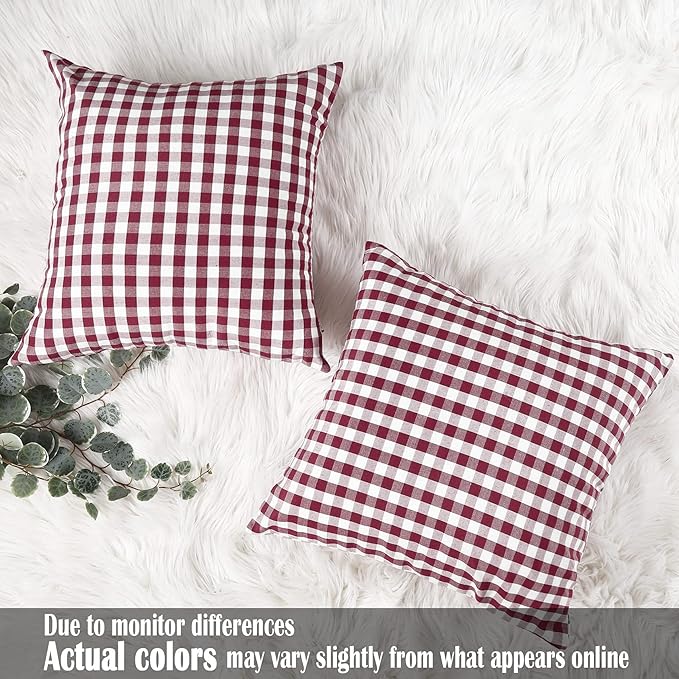 CARRIE HOME Red Plaid Throw Pillow Covers 18 x 18 Set of 2 Burgundy Gingham Pillow Covers 18x18 Christmas Decor for Bedroom