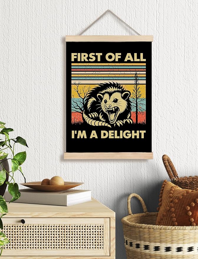 Foritho First of All I'm a Delight Sarcastic Angry Opossum Poster Wall Art Framed, Gifts for Opossum Lovers, 70s Retro Funny Animal Meme Canvas Prints Wall Decor for Home Office, 12x16 Inch