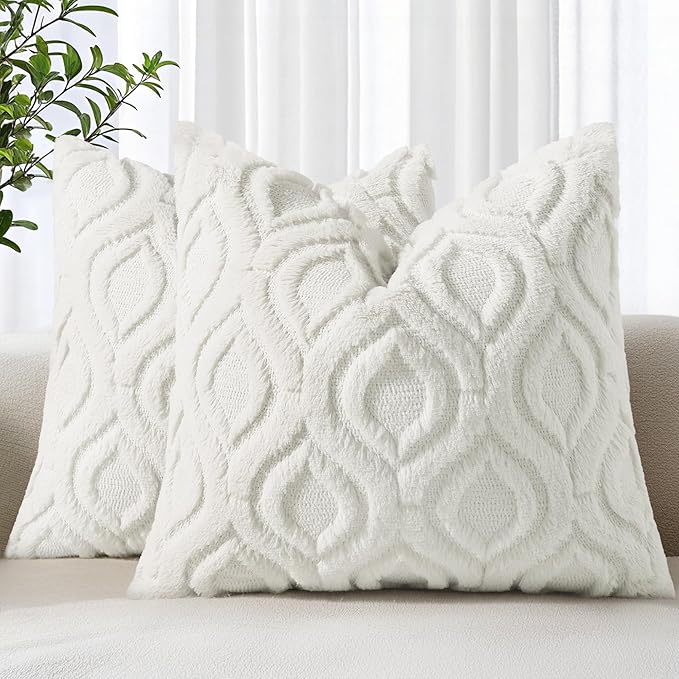 decorUhome Throw Pillow Covers 16x16 Inch Set of 2, Soft Plush Faux Wool Cream White Solid Couch Pillow Covers, Accent Farmhouse Neutral Square Pillow Cases for Sofa Bed Living Room