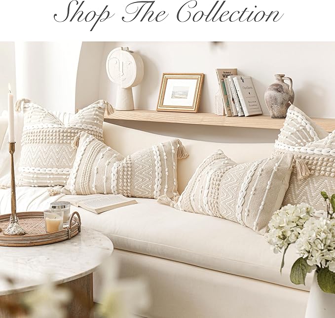 BlissBlush Boho Throw Pillow Cover 20X20, Decorative Accent Pillow for Couch, Square Woven Textured Pillowcase, Modern Boho Pillow for Bed, Bohemian Pillow Cover, Cream White Neutral (Pack of 1)