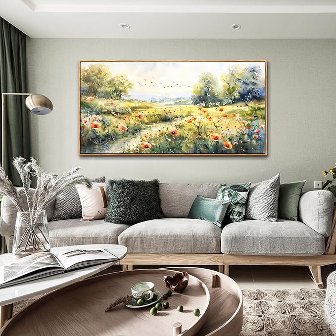 XIGUANGART Framed Canvas Prints Wall Art Pastoral Art Work for Wall Decor Riverside Grassland Watercolour Scenery Pictures Abstract Large Paintings for Living Room Bedroom Office Modern Decorations