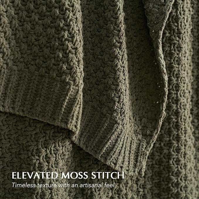 EVERGRACEHOME Chunky Polyester Knit Throw Blanket for Couch, Soft Luxurious Oversized King Moss Stitch Blanket for Bed, Large Cozy Farmhouse Knitted Throw for Sofa, Olive Green, 92" x 108"