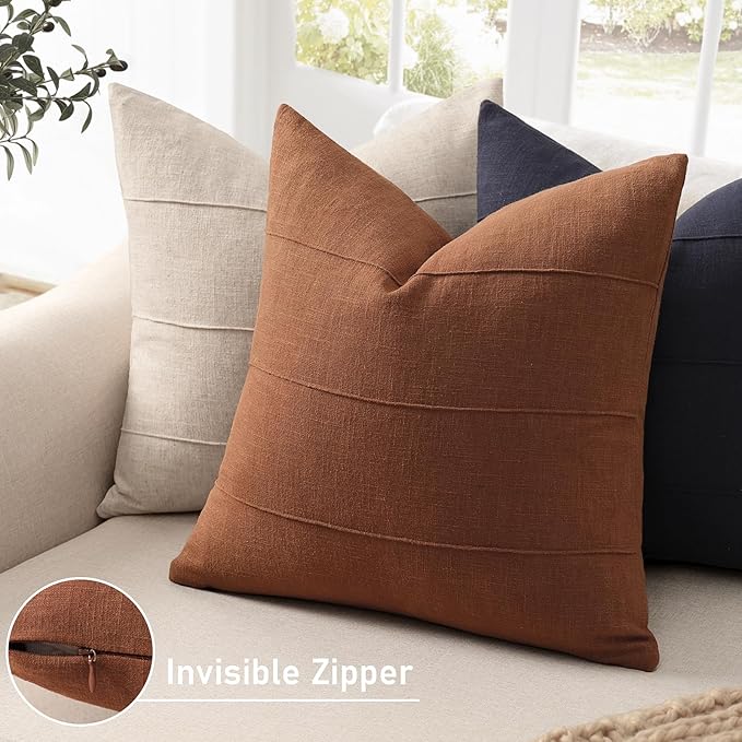 ZWJD Decorative Linen Throw Pillow Covers 20x20 Set of 2 Solid Handcrafted Striped Cushion Covers for Bed Soft Modern Farmhouse Neutral Pillowcase for Couch Bedroom Living Room Home Decor(Rust)