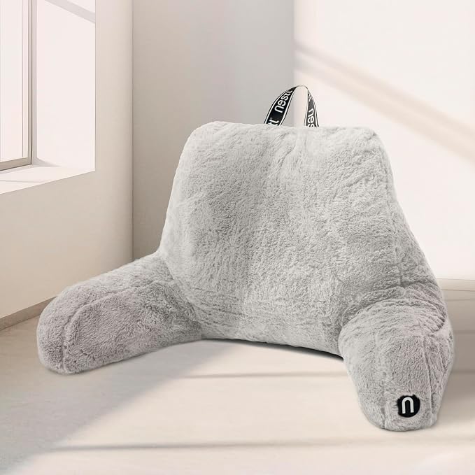 Nestl Fur Reading Pillow, Stylish Back Pillow for Bed Sitting Up, Faux Fur Bed Chair Pillow with Arms, Reading Pillows for Sitting in Bed Adult & Kids, Back Support Pillow for Bed Rest - Light Grey