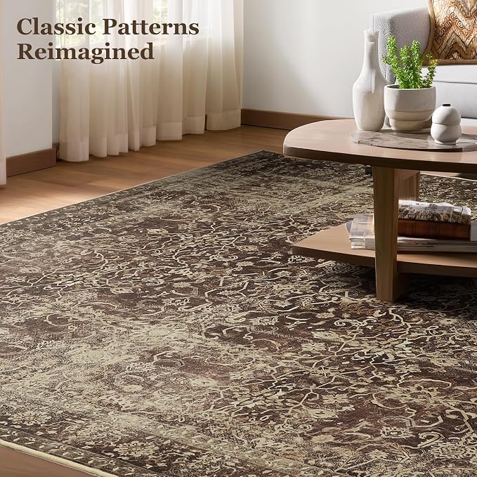 Vintage Brown 5x8 Area Rugs for Living Room, Distressed Earth Tone Dining Room Rug Washable Non Slip, Low Pile Thin Carpet Rugs for Den/Bedroom/Foyer/Home Office, Rich Coffee Brown