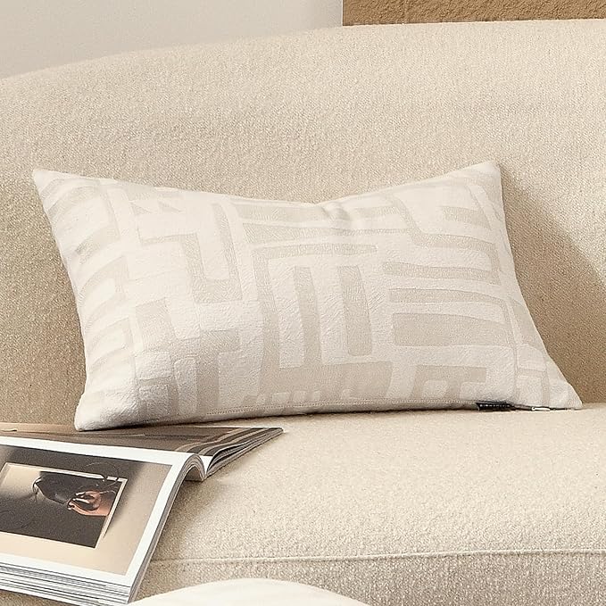 Lumbar Pillow Cushion Cover 20x12 Inch, Double-Sided Geometric Pattern Pillow Covers, Modern Designer Original Pillowcase for Sofa, Bed, Rattan Chair, Bedroom, Living Room(White)