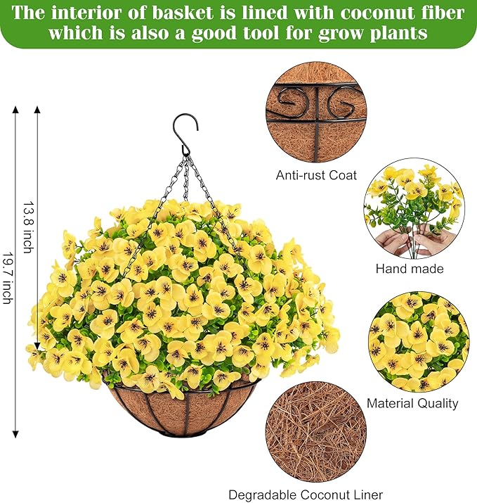 Artificial Hanging Flowers with Baskets for Outdoors, Fake Silk Pansy Flowers UV Resistant Faux Hanging Plants for Front Porch Patio Yard Home Spring Summer Decoration, Yellow