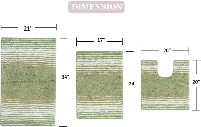 Home Weavers 100% Cotton Gradiation Collection Bathroom Décor | Washable Rug | Bathroom Mat | Kitchen Mat | Bathroom Rug Set | Bath Mat Set | Bath Floor Mat Non Slip, 3 Piece Set with Contour, Sage