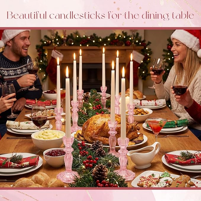 24 Pack Glass Candlestick Holders Set 4.3/6.1'' Taper Stripe Candle Holder Bulk Floral Shape Crystal Decorative Candle Stand Centerpiece for Table Wedding Dining (Pink)