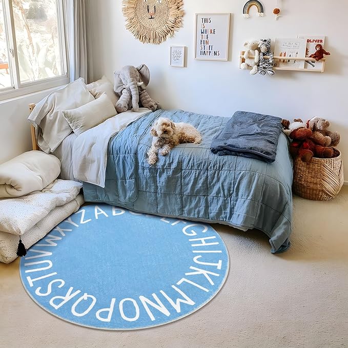 Topotdor Round Kids Play Rug Alphabet Nursery Area Rug Extra Large Soft Crawling Play Mat for Children Toddlers Bedroom (71 inch, Sky Blue)