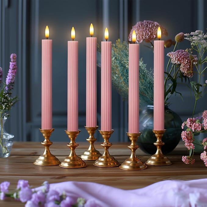 12 Pack, 10" LED Flameless Real Wax Dusty Rose Fluted Ribbed Grooved Taper Candles, Remote & 24h Timer Memory, On/Off Button, Dimmable, Flicker Mode, Battery Operated, Wedding