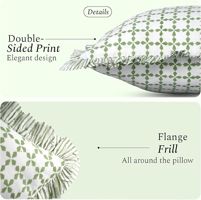 CPC Kelly Green Hand Block Print 100% Cotton Ruffle Throw Pillow Cover 24x24 inch with Hidden Zipper Decorative for Couch, Bed, Sofa, Farmhouse, Cottagecore Decor Gift Christmas Fall Thanksgiving