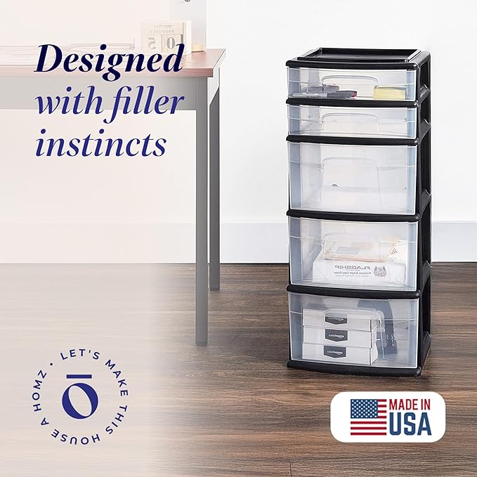 HOMZ Drawer Tower, 5-Tier Clear Plastic Storage Organizer Unit, Black Frame - Multi-Purpose Container Drawers for Bedroom, Bathroom, and Office Organization