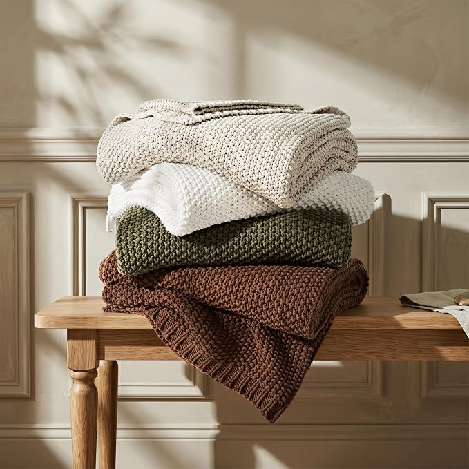 EverGrace Organic Cotton Chunky Knit Throw Blanket, 50 x 60 Olive Green | OCS Certified Organic Cotton, Seed Stitch Knit, Soft & Breathable, Cozy Midweight, Decorative Throw for Couch, Bed & Sofa