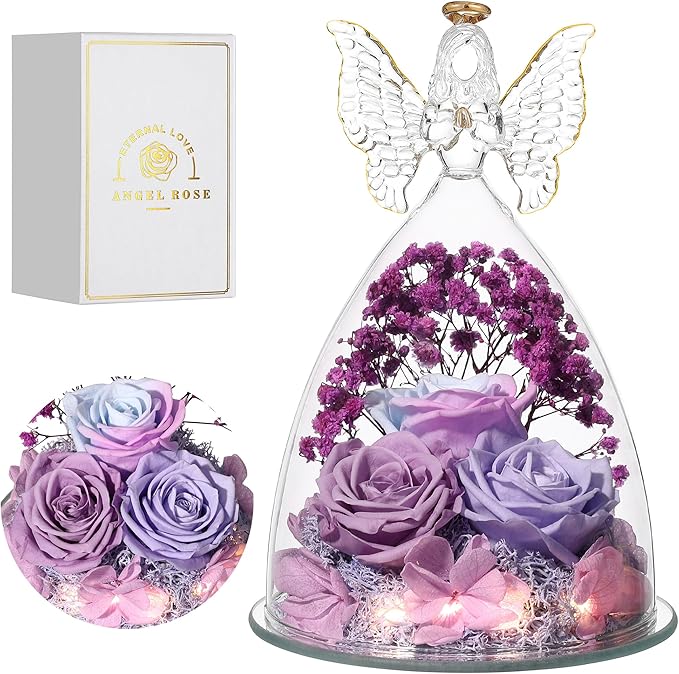 Mothers Day Rose Gifts for Women Preserved Real Flower in Glass Angel Figurines Roses for Delivery Prime Birthday Gifts for Mom Grandma Girlfriend Wife Her, Multi Purple