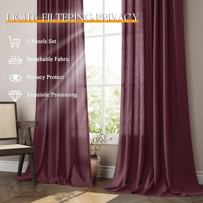 Jowels Burgundy Linen Curtains 84 Inch Long 2 Panels for Living Room | Light Filtering Semi Sheer Curtain, Back Tab Pocket Pleated Look, Boho Farmhouse Textured Privacy Drapes for Bedroom Window
