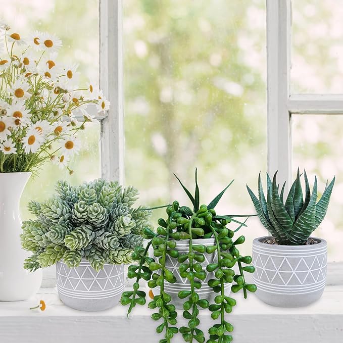 Winlyn Set of 3 Mini Faux Succulent Potted Plants Artificial Aloe Hops String of Pearls Fake Succulents in Gray Geometric Concrete Pots for Home Office Table Shelf Kitchen Living Room Boho Décor