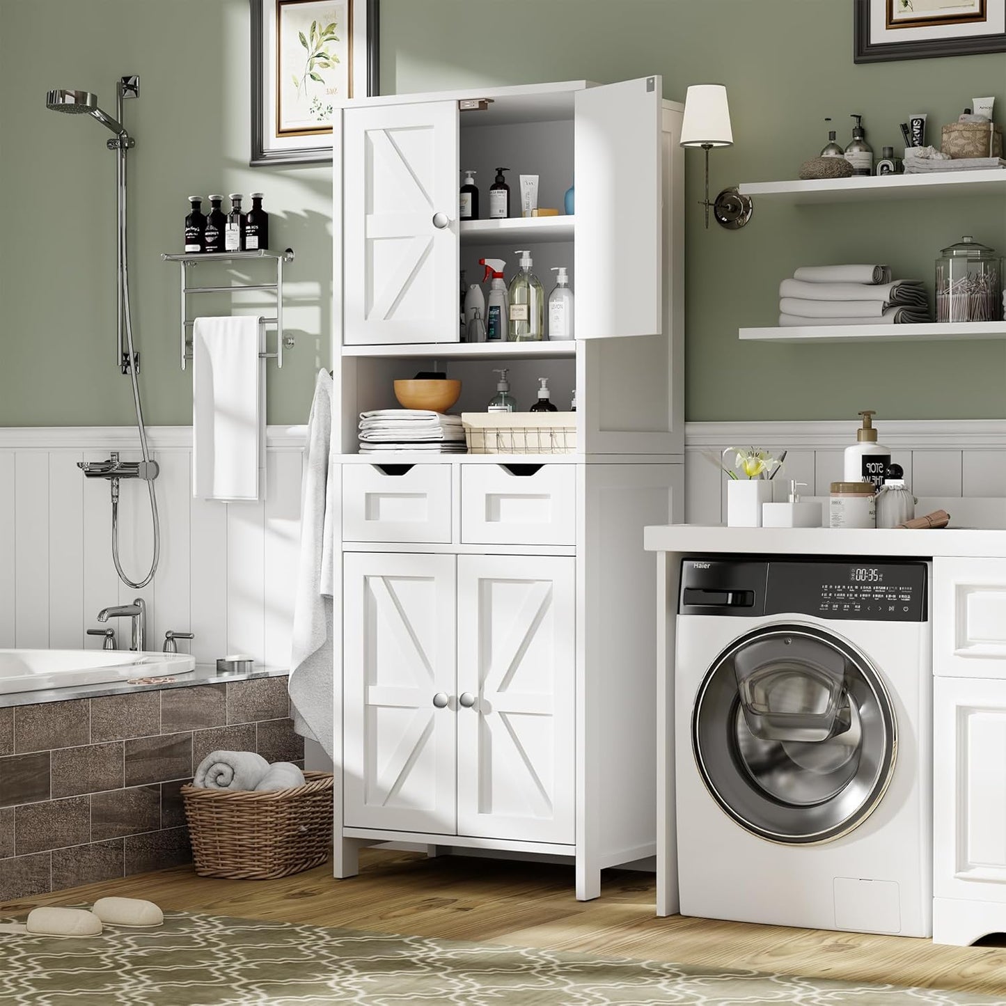 ANWBROAD 67” Bathroom Storage Cabinet Tall Storage Cabinet with Adjustable Shelves and Drawers Freestanding for Bathroom Kitchen Pantry Living Room Cabinet USBC002W