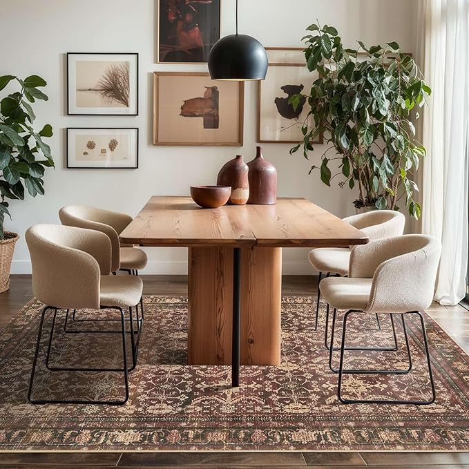 Rugxara Oriental 5x7 Area Rugs for Living Room Bedroom, Vintage Washable Christmas Rug, Red Boho Area Rug, Non Slip & Low Pile Faux Wool Carpet for Indoor Dining Room and Kids Room(Red 5x7ft)