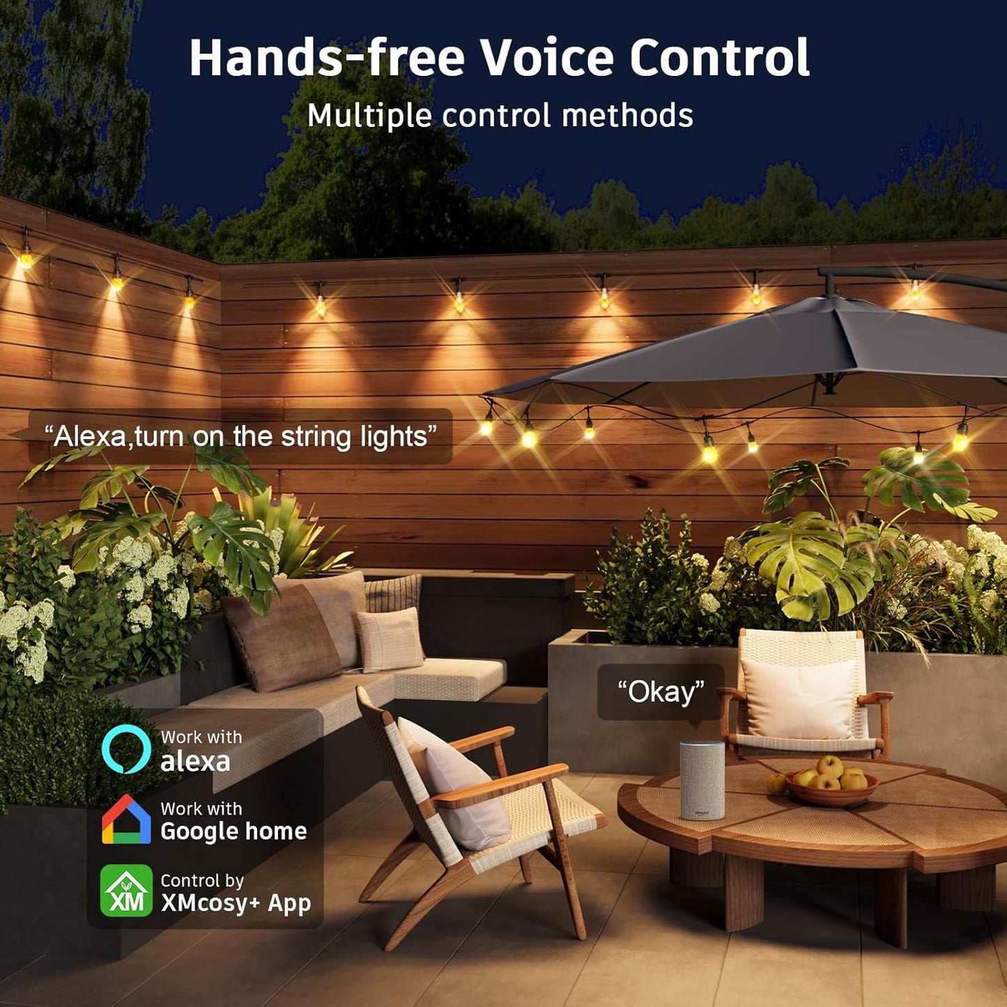 XMCOSY+ Smart Outdoor String Lights - 123ft RGBCWIC Patio Lights with 40 Color Changing Bulbs, LED String Light for Outside Backyard Bistro Party, APP WiFi Control, Work with Alexa, IP65 Waterproof