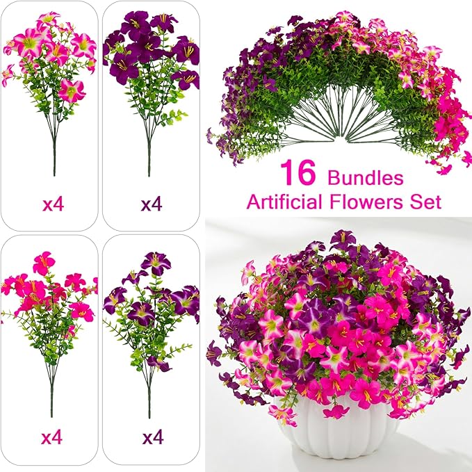 Daynight Faux Petunias Artificial Flowers Plants for Outdoor Plant Decoration,Fake Petunias Realistic Silk Flowers for Porch Yard Garden Window Indoor Decor. (16, Rosered,RedViolet)