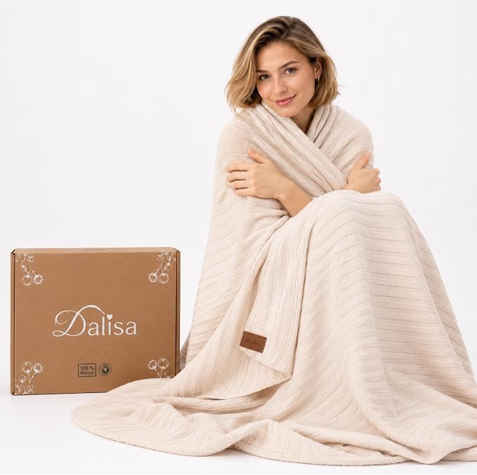Dalisa 100% Organic Cotton Knit Blanket Denise -Soft and Lightweight, Breathable All-Season Throw for Bed, Sofa, or Lounge Area -Perfect for Home and Bedroom Styling (Stone 60x80)