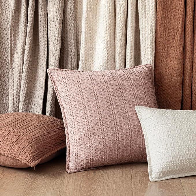 Foindtower Set of 2 Decorative Cotton Waffle Weave Throw Pillow Covers Euro Shams Cushion Covers Accent European Pillowcase for Bed Couch Sofa Bedroom Living Room Home Decor 20×20 Inch Dusty Pink