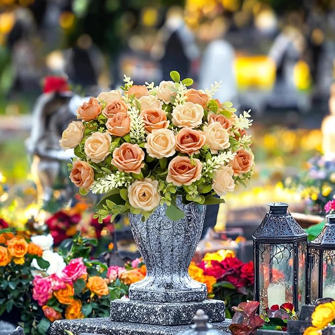 TURNMEON 40 Heads Fake Roses Artificial Flowers for Outdoors, 4 Bouquets UV Resistant Fake Flower Bouquet Faux Silk Roses for Wedding Birthday Home Mother's Day Cemetery Summer Decor(Vintage Coffee)