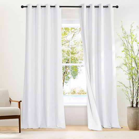 NICETOWN White 100% Blackout 90 inch Curtains for Bedroom, Grommet Full Blackout Window Treatments Heat Blocking for Living Room, W46 x L90, 2 Panels
