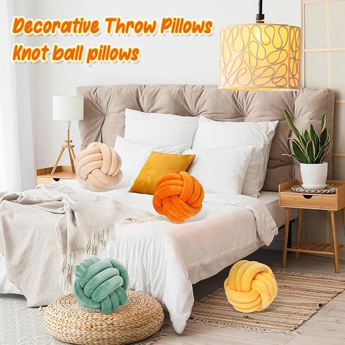 Yerliker 4 Pcs Knot Pillow Ball, 8.7 Inches Soft Home Decorative Round Throw Pillow Handmade Knotted Plush Accent Cushion Gifts for Nursery Decor Home Bed Sofa Bedroom Decoration