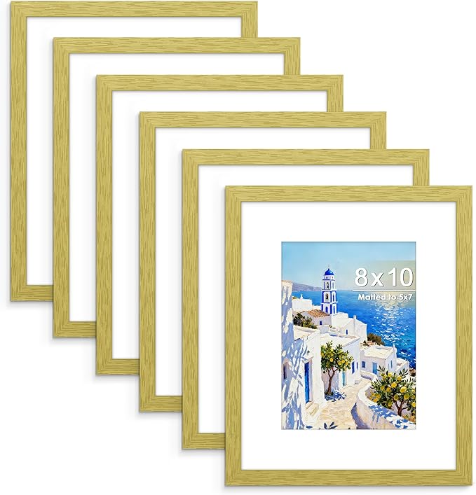 PEALSN 8x10 Picture Frame Set of 6, Display Pictures 5x7 with Mat or 8x10 Without Mat for Wall Mounting or Table Top Display, Photo Frames Collage for Wall Decor, Gold
