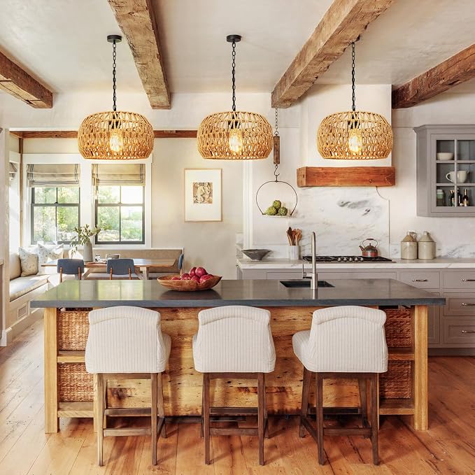 11.8" Rattan Pendant Light, 1-Light Boho Rattan Chandelier Light Fixture, Small Hand Woven Pendant Lighting for Kitchen Island, Living Room, Bedroom, Hallway, Foyer