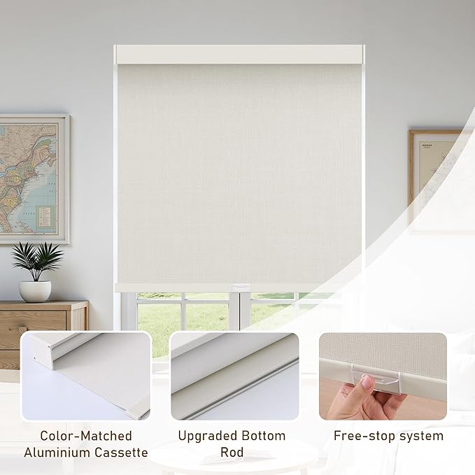 AOSKY Linen Roller Blinds Shades for Indoor Windows Pull Down Cordless Blackout Black Out Window Shade 20 Inch Blinds for Home Beige