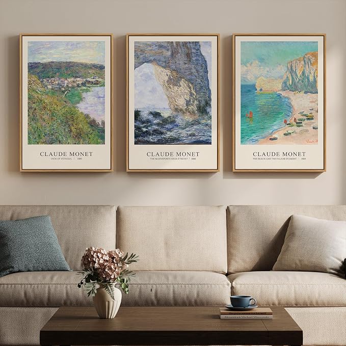 3 Piece Framed Monet Landscape Wall Art for Living Room, Large Impressionist Vintage Coastal Picture Canvas Prints Painting, Classic Nature Artwork Decor for Bedroom Hallway 16x24 Inch