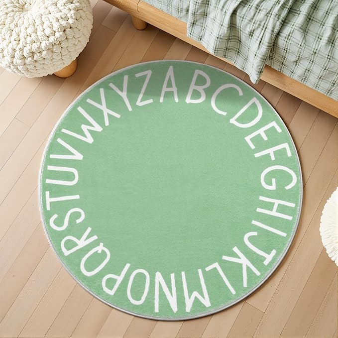 Topotdor Round Kids Play Rug Alphabet Nursery Area Rug Extra Large Soft Crawling Play Mat for Children Toddlers Bedroom (47 inch, Sage Green)