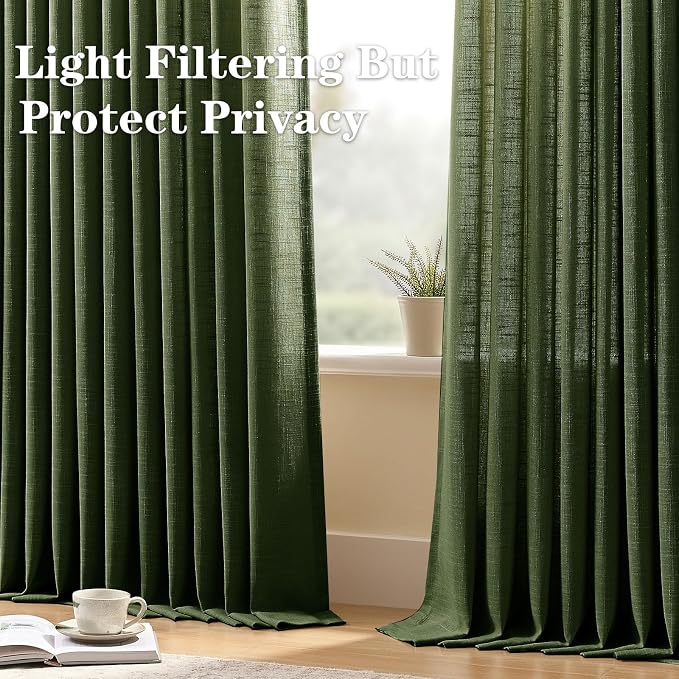 Olive Green Christmas Curtains for Living Room Pinch Pleated Linen Curtain 84 Inches Long, Light Filtering Pleat Drapes Thick Moss Loden Semi-Sheer Curtain with Hooks for Bedroom Dining Room 2 Panels