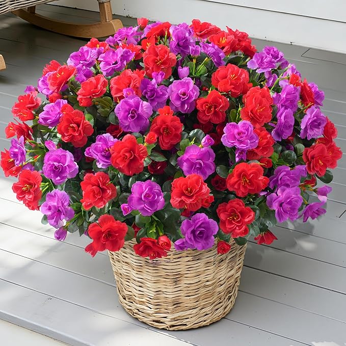 Artificial Faux Outdoor Flowers Plants for Spring Summer Decoration, Fake Silk Camellia UV Resistant Look Real for Planter Outside Front Door Porch Patio Balcony, 3 Large Bundles (Red+Fuchsia)