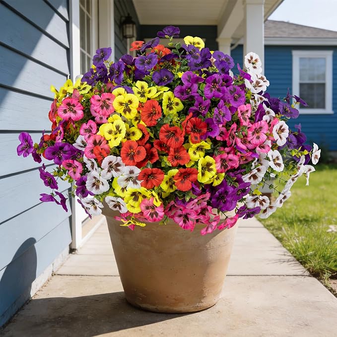 24 Pcs Artificial Fake Pansy Flowers for Outdoor,Faux Silk Plants Flowers UV Resistant Pansies Spring Flowers for Planter Front Door Porch Yard Patio Garden Window Box Home Decor(6 Color)