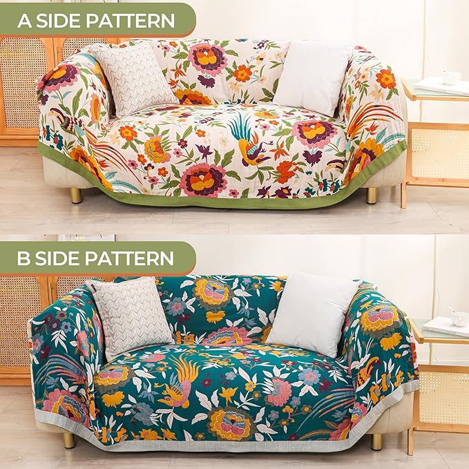 Boho Throw Blanket for Bed Couch Sofa,100% Cotton Ultra Soft Large Throw Blanket,Floral Bird Decor Bed Blankets 60"×80",Decorative Reversible Muslin Bed Cover for All Seasons