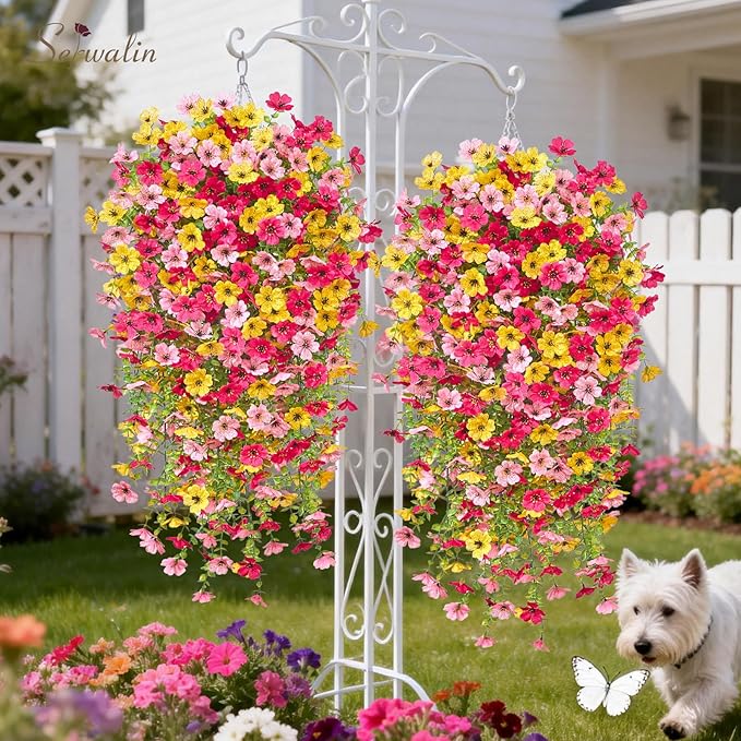 Serwalin 12PCS Artificial Hanging Flowers for Outdoors, UV Resistant Fake Hanging Plants, Realistic Weatherproof Outdoor Decor for Patio, Porch, Garden & Window (Yellow, Hot Pink & Pink,12PCS)