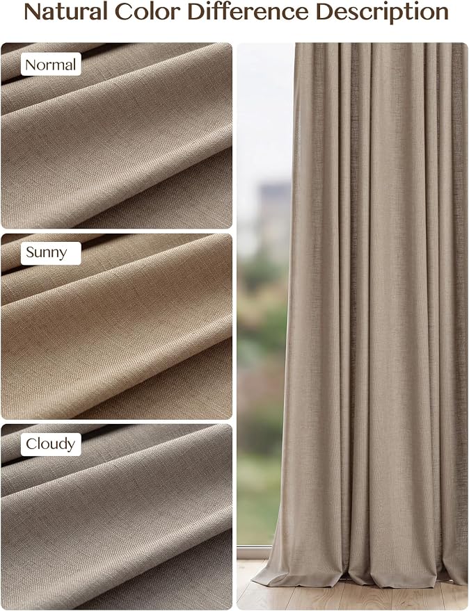 Liz Pinch Pleated Linen Curtains Light Filtering Curtains for Living Room, Farmhouse Window Curtains for Bedroom, Modern Drapes with Hooks and Rings, 95 Inches Long, Taupe Grey, 2 Panels Set