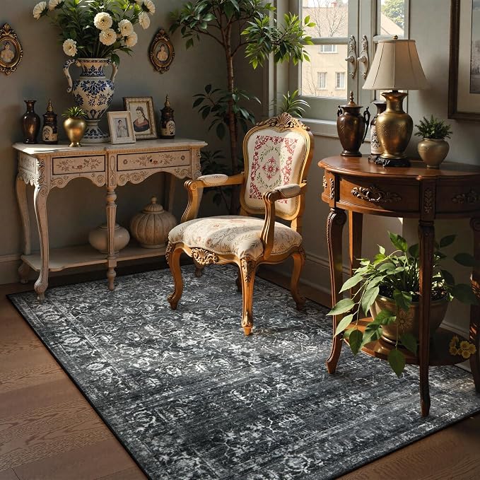 Lahome Margot Washable Black 4x6 Area Rugs for Living Room Bedroom, Boho Vintage Non Slip Stain Resistant Floor Dining Room Carpet for Office Entrance Decor