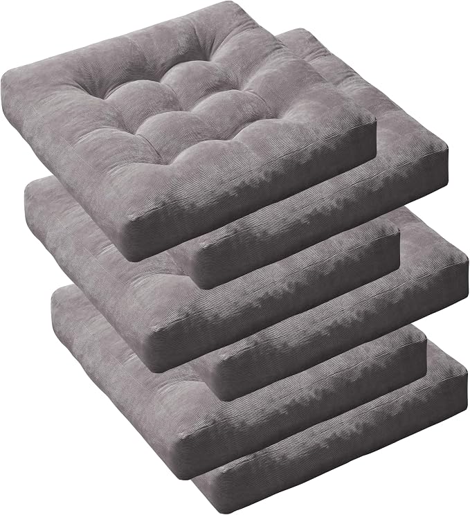 Degrees of Comfort Floor Cushion 6 Pack for Meditation, Home Office & Dorm – Corduroy Soft Seating Set, 22 Inch, High-Density Foam, Square Shape, Grey