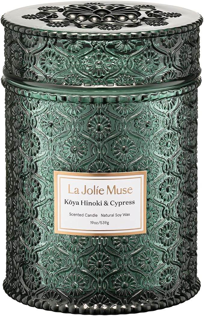 LA JOLIE MUSE Hinoki & Cypress Scented Candle for Home | Pine & Cedarwood | Christmas Winter Holiday | 19 oz Non Toxic Natural Soy | Large Green Jar Candle | Luxury Gifts for Women & Men | Wood Wick