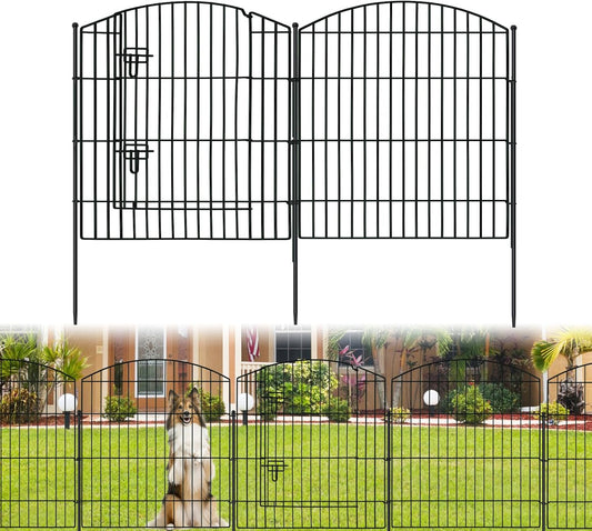 No Dig Decorative Garden Fence with Gate 32in (H) x 24ft (L), 9 Panels + 1 Gate +11 Stakes, Temporary Dog Fencing Outdoor, Rustproof Metal Arched Animal Barrier for Yard, Patio, Flower Bed, Landscape