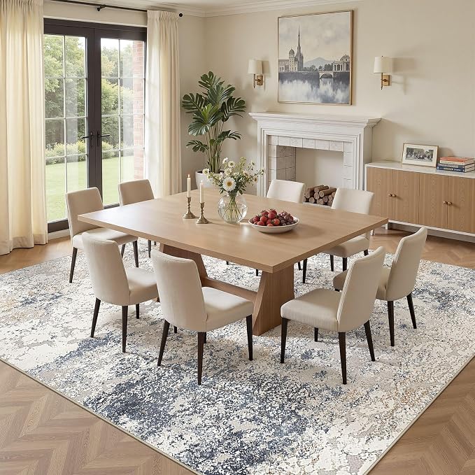 DMOYEST Square Area Rug Living Room Rugs - 12x12 Washable Large Soft Indoor Neutral Modern Abstract Low Pile Rug Carpet for Bedroom Dining Room Farmhouse Home Office - Beige Blue